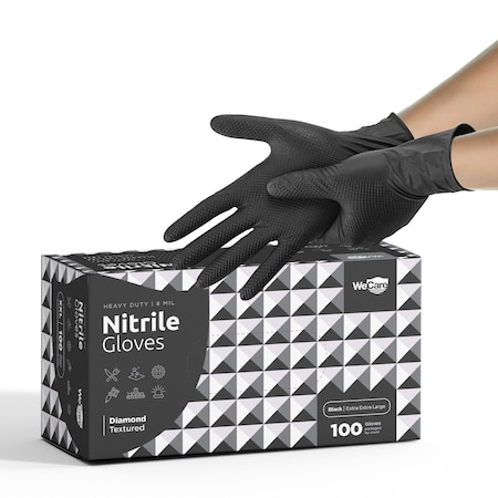 Wecare WMN1002, Disposable Gloves, 8 mil Palm, Nitrile, Powder-Free, 2XL, 100 PK, Black WMN100277